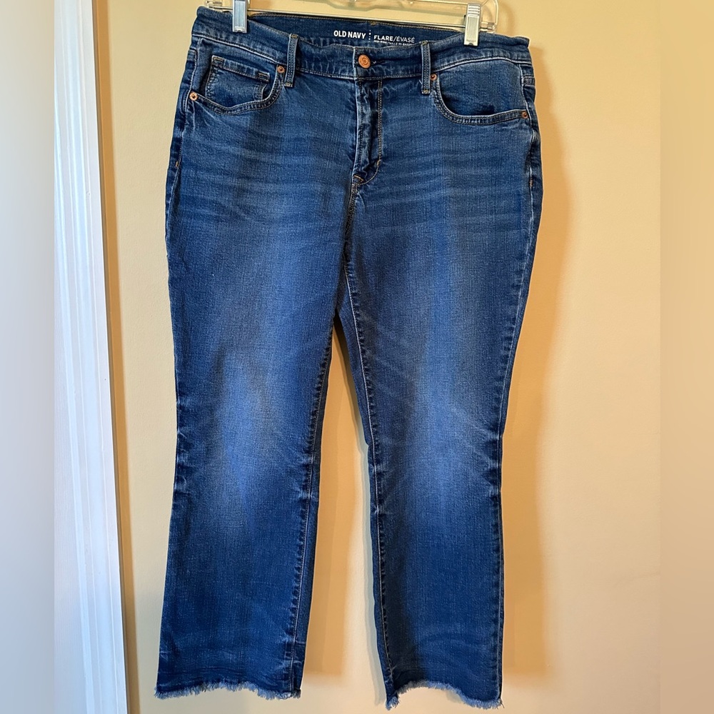Old Navy Flare High Rise jeans.  Size 10 reg .  Frayed at bottom.